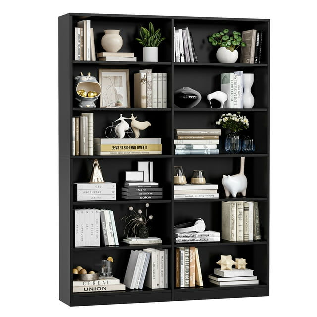Homfa 74.3???¡¥ Double Wide 6-Tier Bookcase, Large Wood Display Bookcase for Home Office, Black