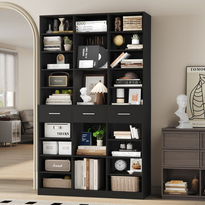 Homfa 75-Inch Tall Bookcase with 3 Drawers and Open Shelves, Wooden Bookshelf Storage Organizer for Living Room, Study, Home Office, Black