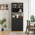 Homfa 75.2'' Kitchen Pantry Storage Cabinet with Wine Rack & Adjustable Shelf, 2 Drawer Modern Farmhouse Buffet with Glass Doors for Dining Room Living Room, Black