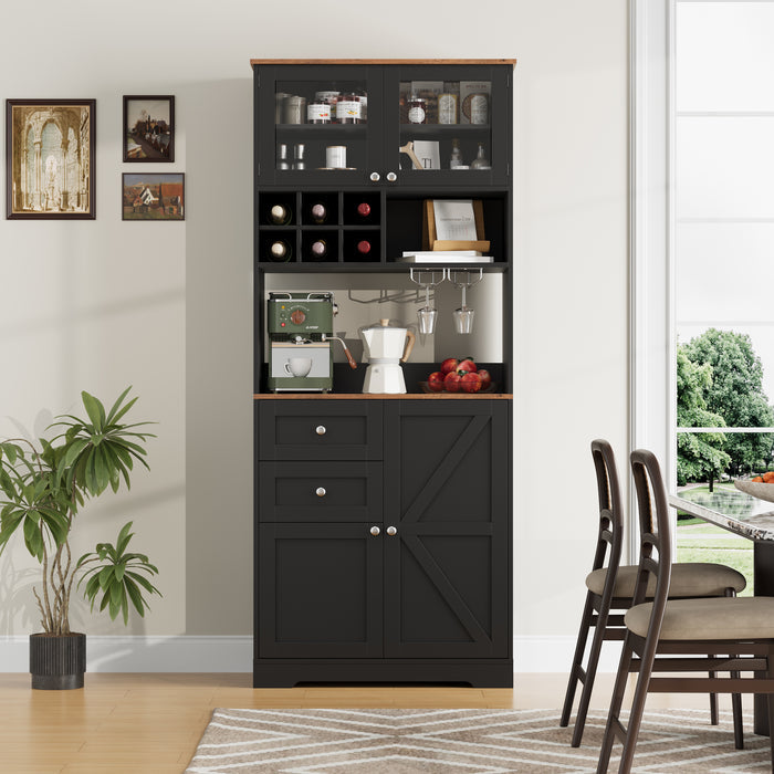 Homfa 75.2'' Kitchen Pantry Storage Cabinet with Wine Rack & Adjustable Shelf, 2 Drawer Modern Farmhouse Buffet with Glass Doors for Dining Room Living Room, Black