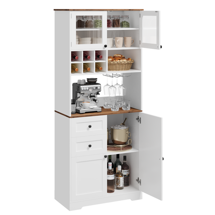 Homfa 75.2'' Kitchen Pantry Storage Cabinet with Wine Rack & Adjustable Shelf, 2 Drawer Modern Farmhouse Buffet with Glass Door for Dining Room Living Room, White
