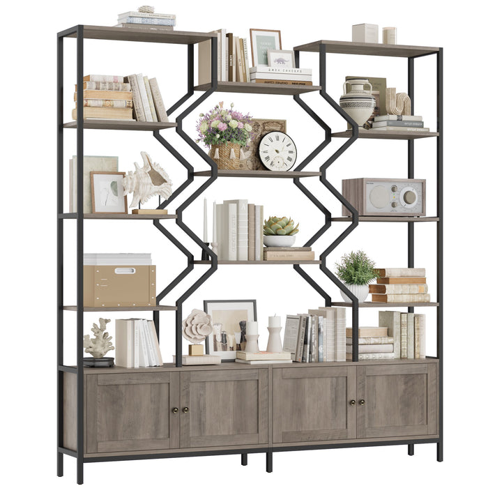 Homfa 76.4¡±H Triple Wide Industrial Bookshelf with 4 Cabinets, Metal Frame Open Display Shelves for Living Room Home Office, Brown