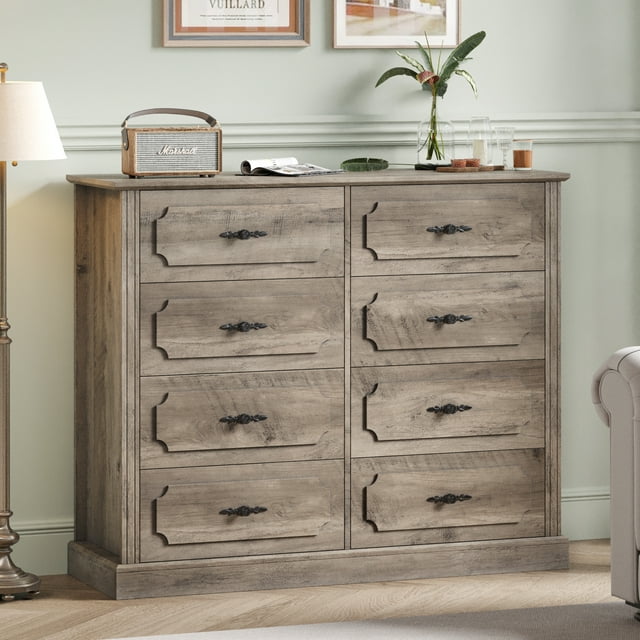 Homfa 8 Drawer Double Bedroom Dresser, 47'' W Vintage Wood Storage Cabinet Chest for Living Room, Wash Gray