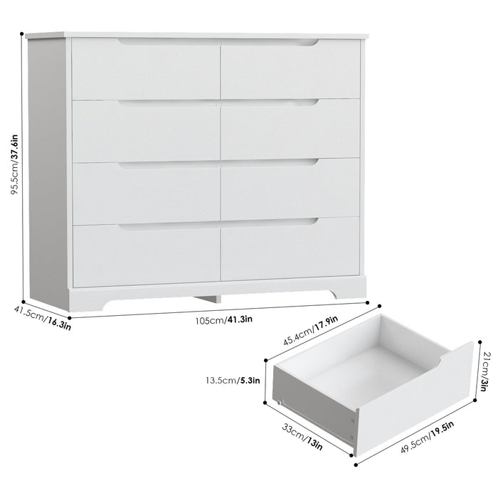 Homfa 8 Drawer Double Dresser with Grooved Handles for Bedroom, Wooden Modern Chest of Drawers with Moisture-Proof Base for Hallways, Drawers Dresser with Stable Trapezoid Structure, White