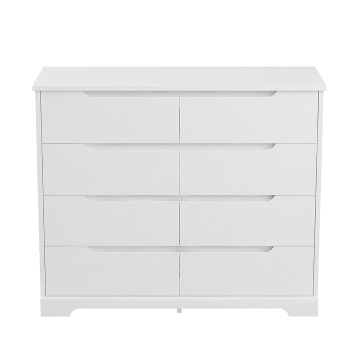 Homfa 8 Drawer Double Dresser with Grooved Handles for Bedroom, Wooden Modern Chest of Drawers with Moisture-Proof Base for Hallways, Drawers Dresser with Stable Trapezoid Structure, White