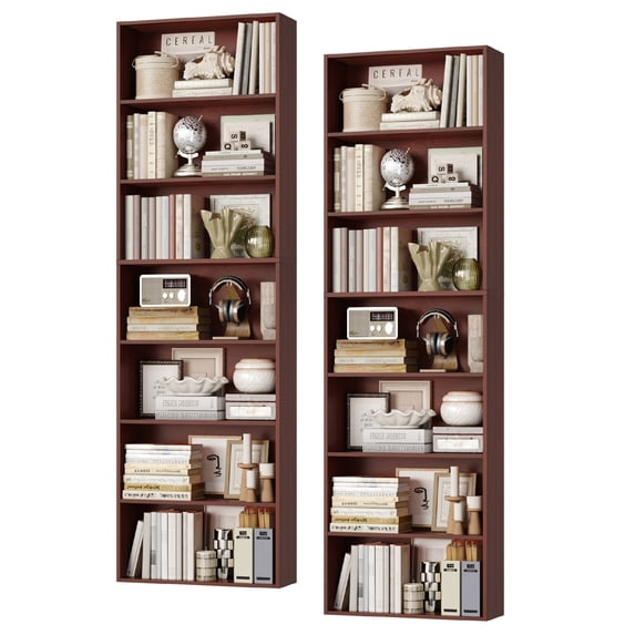 Homfa 82" Tall Bookcases Set of 2, Freestanding Display Storage Shelves, 7-Tier Open Bookshelf for Home Office Living Room Bedroom, Cherry Red