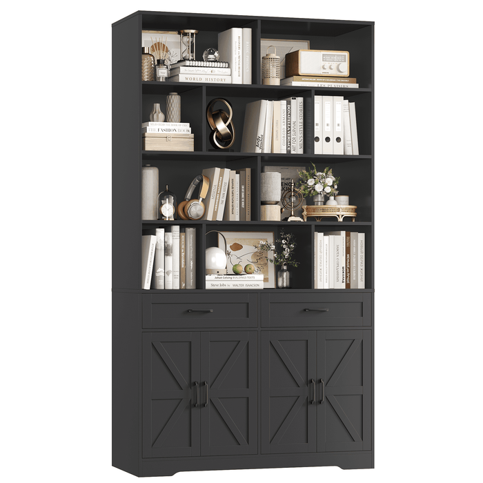 Homfa 82"H Bookcase with 2 Drawers and 4 Doors, 4-Tier Open Cube Bookcase with Cabinets, for Study Home Office Living Room, Black