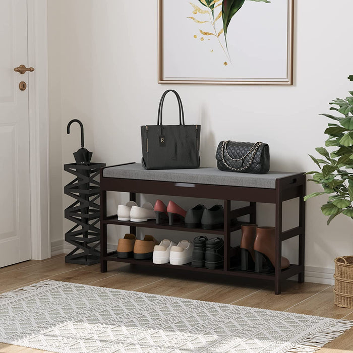 Homfa Bamboo Shoe Bench Rack with Storage, Entryway Storage Bench with Padded Seat, Shoe Oiganizer Shelf for Entryway Mudroom Bathroom, Vintage