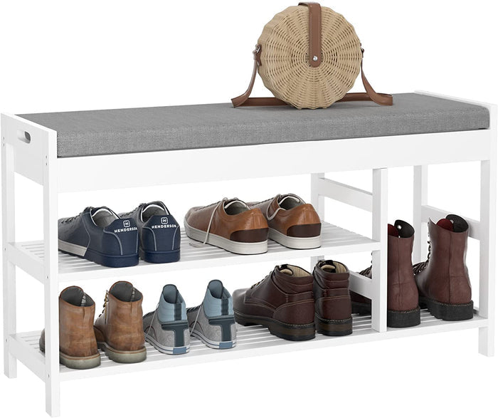 Homfa Bamboo Shoe Bench Rack with Storage, Entryway Storage Bench with Padded Seat, Shoe Oiganizer Shelf for Entryway Mudroom Bathroom, White