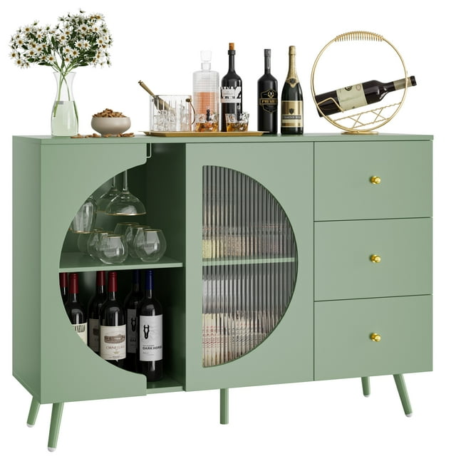 Homfa Bar Cabinet with Semi-Open Door, Modern Wine Cabinet Buffet with Glass Cup Holders, Sideboard and Buffet Cabinet with 3 Drawers for Living Kitchen Entryway, Green