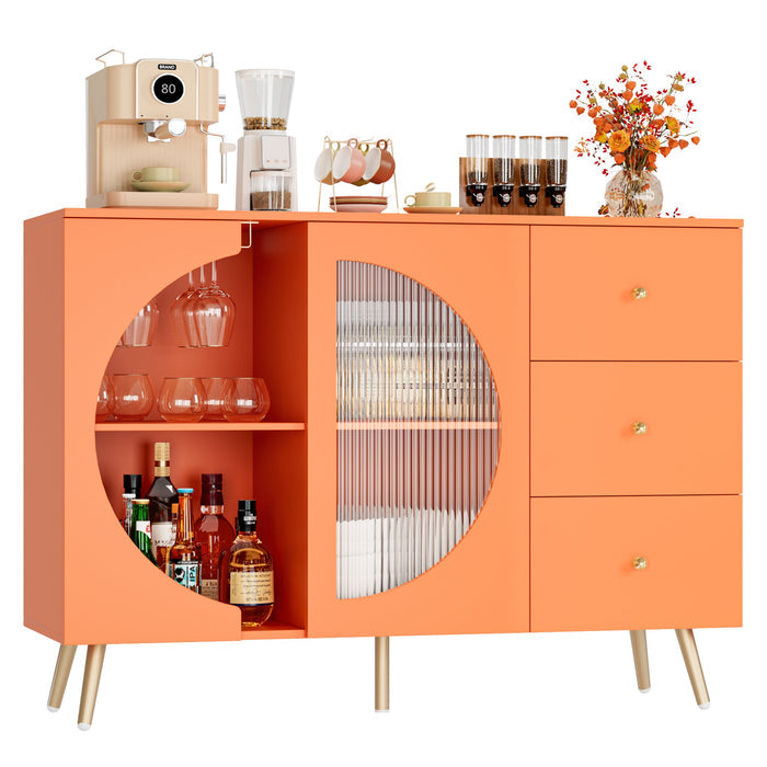 Homfa Bar Cabinet with Semi-Open Door, Modern Wine Cabinet Buffet with Glass Cup Holders, Sideboard and Buffet Cabinet with 3 Drawers for Living Kitchen Entryway, Orange