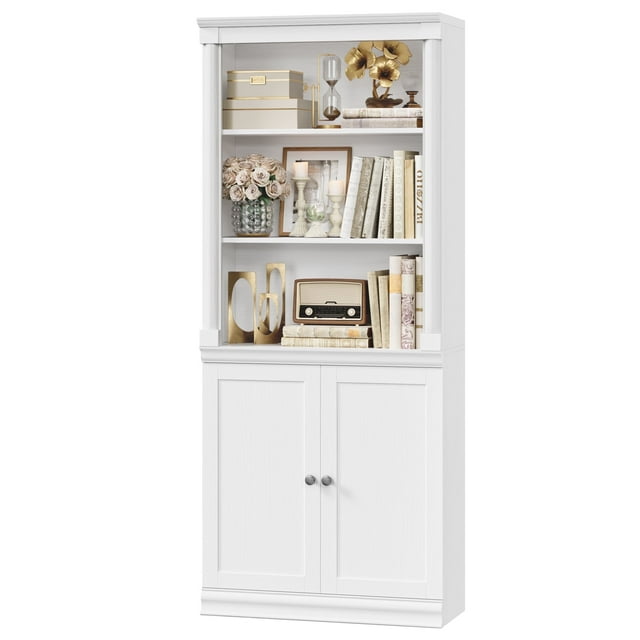 Homfa Bark Grain Bookcase with 2 Doors and Roman Pillars, 71.3 H File Cabinet with Adjustable Shelf, 5-Tier Bookshelf for Study Home Office, White