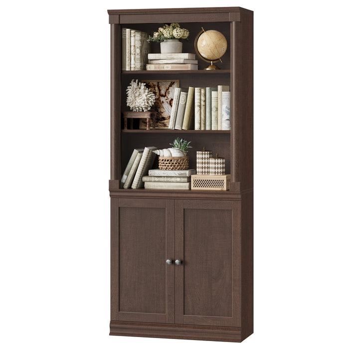 Homfa Bark Grain Bookcase with 2 Doors and Roman Pillars, 71.3 H File Cabinet with Adjustable Shelf, 5-Tier Bookshelf for Study Home Office, Reddish-Brown