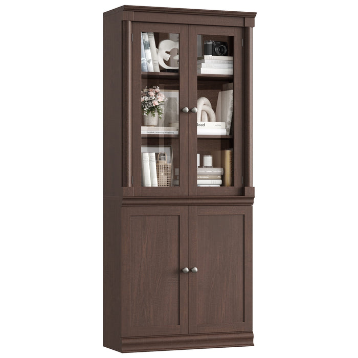Homfa Bark Grain Bookcase with Tempered Glass Doors and Roman Pillars, 71.3 H File Cabinet with Adjustable Shelf, 5-Tier Bookshelf for Study Home Office, Reddish-Brown