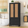 Homfa Bathroom Cabinet with Rattan Doors, Rattan Linen Storage Cabinet with 2 Drawers, Black