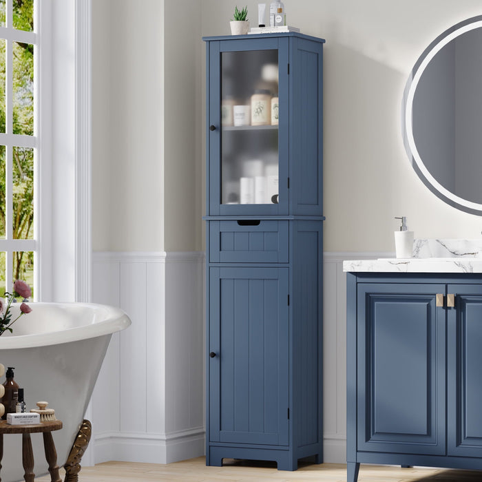 Homfa Bathroom Storage Cabinet, Linen Cabinet, Narrow Tall Cabinet Storage Tower with Door and Drawer, Blue