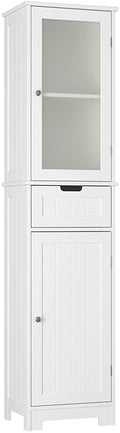 Homfa Bathroom Storage Cabinet with 3 Tier Shelf Drawer Glass?Door, Floor Cabinet Free Standing Linen Tower Tall Slim Side Organizer Shelves Wooden Cupboard, White
