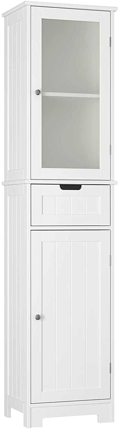 Homfa Bathroom Storage Cabinet with 3 Tier Shelf Drawer Glass?Door, Floor Cabinet Free Standing Linen Tower Tall Slim Side Organizer Shelves Wooden Cupboard, White