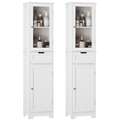 Homfa Bathroom Storage Tower Set of 2, Narrow Linen Cabinet with Door and Drawers, Tall Bathroom Storage Cabinet for Small Spaces, White