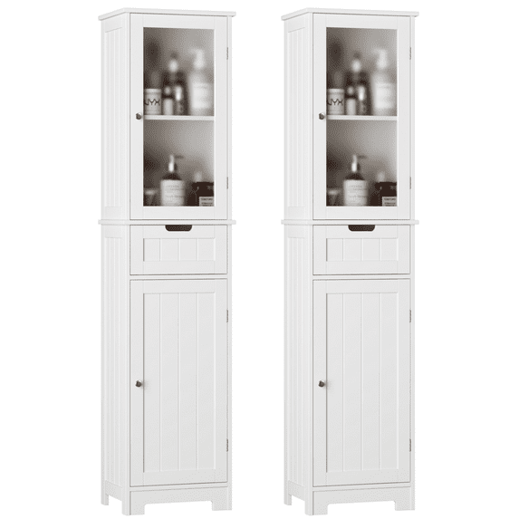 Homfa Bathroom Storage Tower Set of 2, Narrow Linen Cabinet with Door and Drawers, Tall Bathroom Storage Cabinet for Small Spaces, White