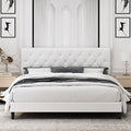 Homfa Bed, Faux Leather Upholstered Button Tufted Low Profile Platform Bed Frame with Adjustable Headboard for Bedroom, Queen Size, White