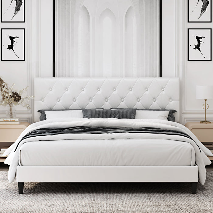 Homfa Bed, Faux Leather Upholstered Button Tufted Low Profile Platform Bed Frame with Adjustable Headboard for Bedroom, Queen Size, White