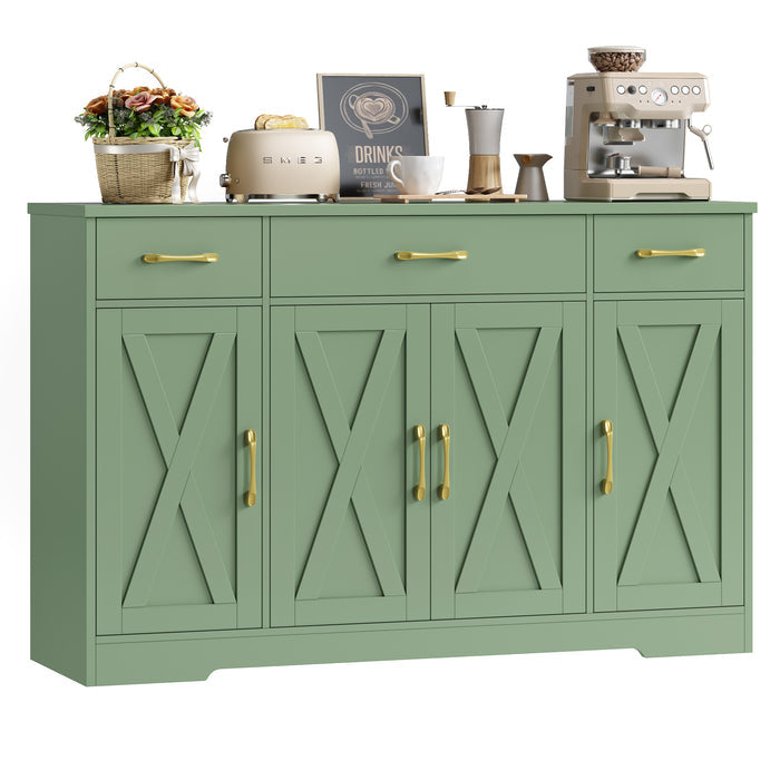 Homfa Buffet Cabinet with 3 Drawers and 4 Doors, 55.1" W Kitchen Sideboard Storage Cabinet with Adjustable Shelves, Farmhouse Coffee Bar Cabinet for Dining Room, Green