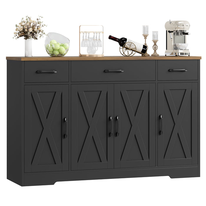 Homfa Buffet Cabinet with 3 Drawers and 4 Doors, 55.1" W Kitchen Sideboard Storage Cabinet with Adjustable Shelves, Farmhouse Coffee Bar for Dining Room, Black & Brown