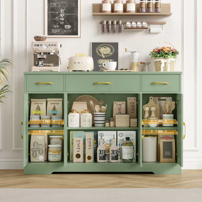 Homfa Buffet Cabinet with 3 Drawers and 4 Doors, 55.1" W Kitchen Sideboard Storage Cabinet with Adjustable Shelves, Farmhouse Coffee Bar Cabinet for Dining Room, Green