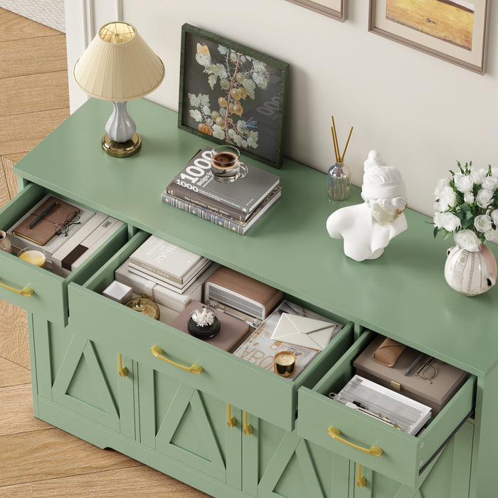 Homfa Buffet Cabinet with 3 Drawers and 4 Doors, 55.1" W Kitchen Sideboard Storage Cabinet with Adjustable Shelves, Farmhouse Coffee Bar Cabinet for Dining Room, Green