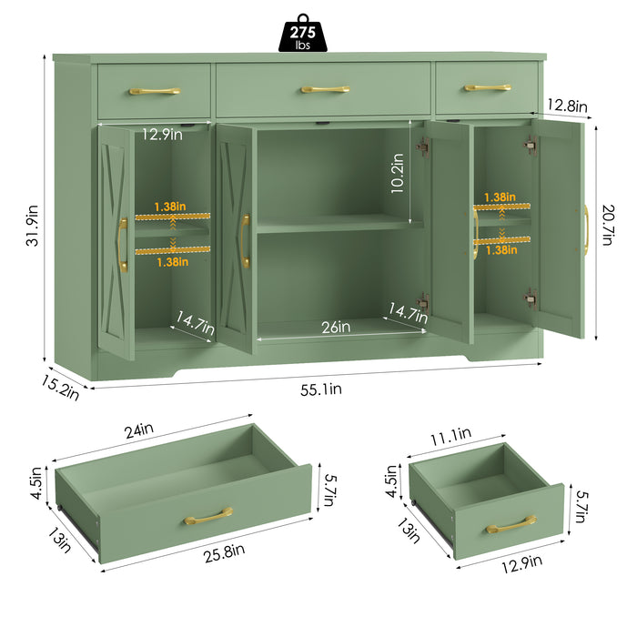 Homfa Buffet Cabinet with 3 Drawers and 4 Doors, 55.1" W Kitchen Sideboard Storage Cabinet with Adjustable Shelves, Farmhouse Coffee Bar Cabinet for Dining Room, Green