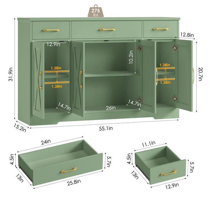 Homfa Buffet Cabinet with 3 Drawers and 4 Doors, 55.1" W Kitchen Sideboard Storage Cabinet with Adjustable Shelves, Farmhouse Coffee Bar Cabinet for Dining Room, Green