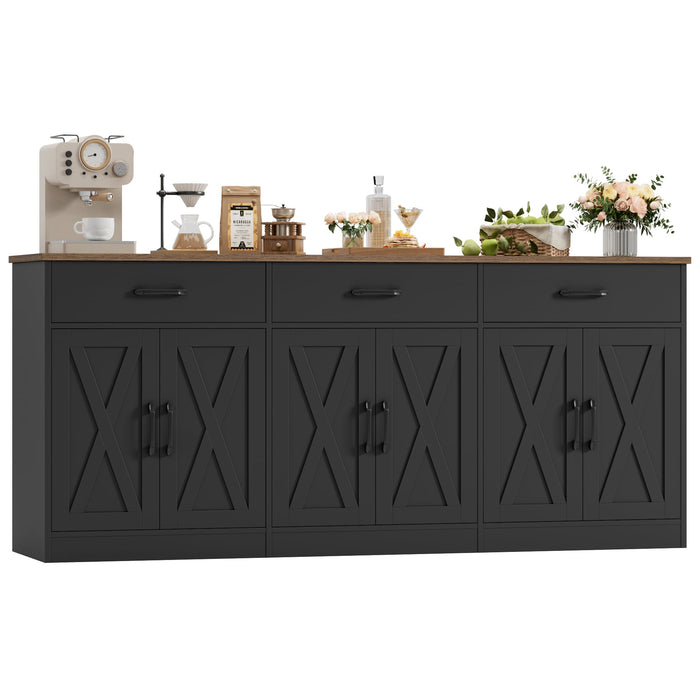 Homfa Buffet Cabinet with 3 Drawers and 6 Doors, 70.8" W Kitchen Sideboard Storage Cabinet, Farmhouse Coffee Bar Cabinet for Dining Room, Black & Brown