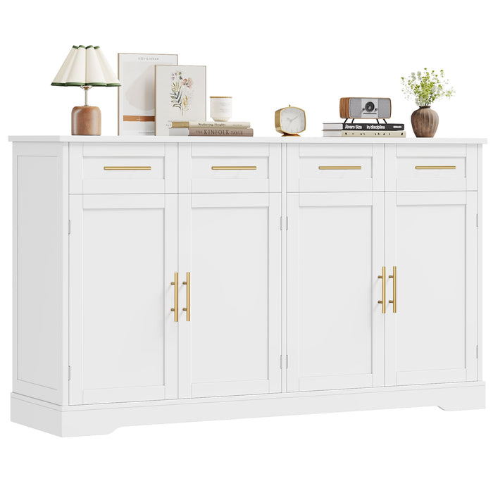 Homfa Buffet Cabinet with 4 Drawers, 59"W Sideboard Buffet Storage Cabinet with Shelves and 4 Doors, for Kitchen, Living Room, Bedroom, White