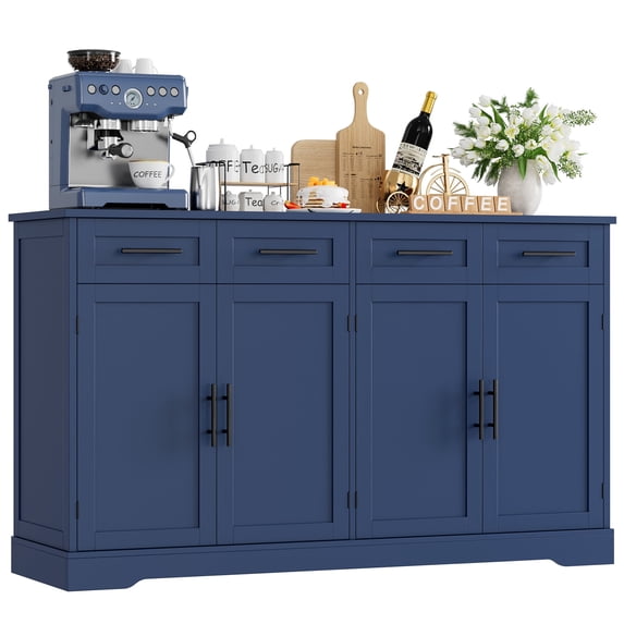 Homfa Buffet Cabinet with 4 Drawers, 59"W Sideboard Buffet Storage Cabinet with Shelves and 4 Doors, for Kitchen, Living Room, Bedroom, Blue