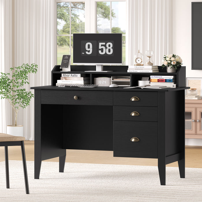 Homfa Computer Desk with 4 Drawers and Hutch Shelf, Executive Desk Home Office Desk Writing Sturdy PC Laptop Notebook Desk, Spacious Desktop Vintage Black