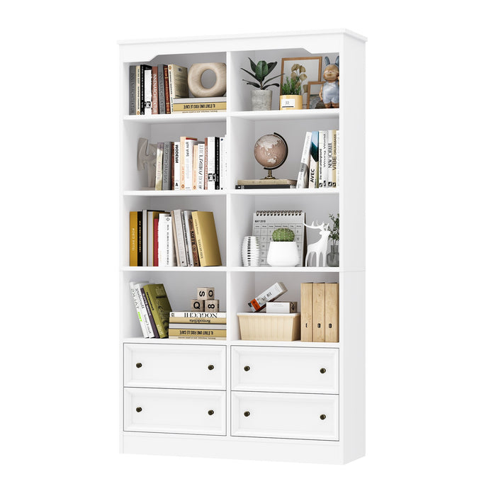 Homfa Double Row 4-tier Bookcases Floor Standing, 8 Display Storage Cubicles, 71 in Tall Bookcase with 2 Drawers, for Home Office Living Room, White