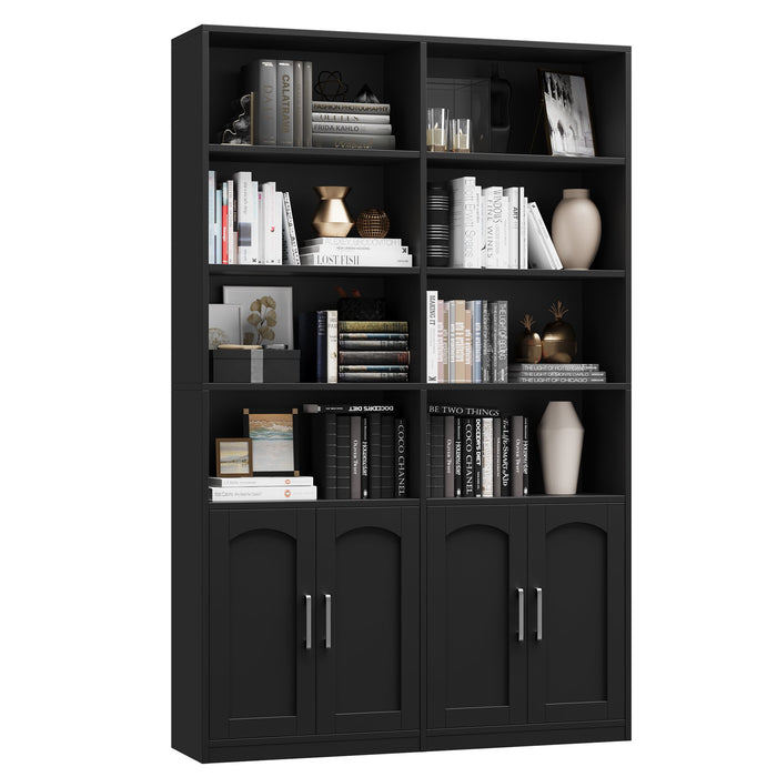 Homfa Double Row 4-tier Bookcases Floor Standing, 8 Display Storage Cubicles, 73 in Tall Bookcase with 4 Doors, for Home Office Living Room, Black