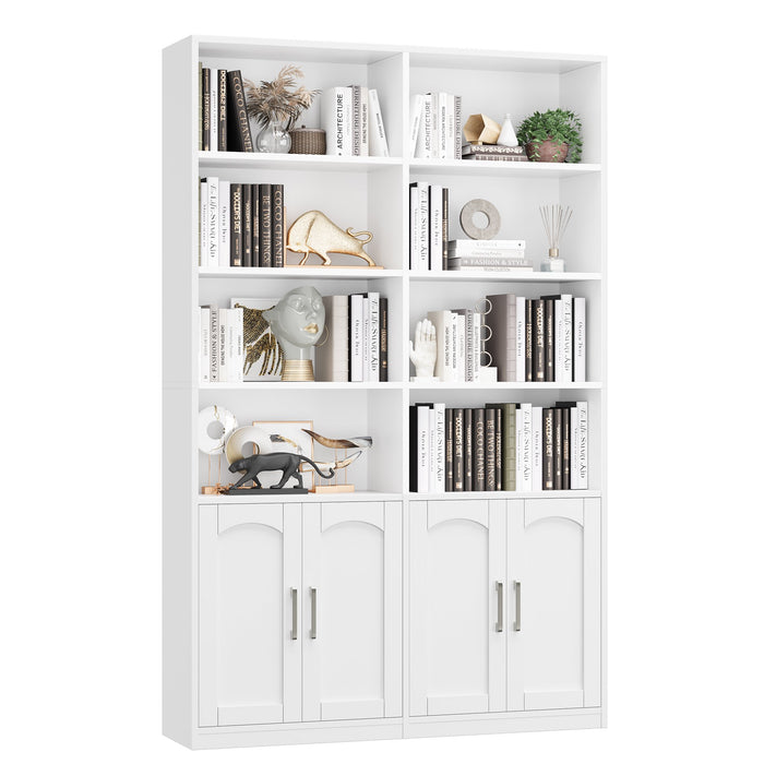 Homfa Double Row 4-tier Bookcases Floor Standing, 8 Display Storage Cubicles, 73 in Tall Bookcase with 4 Doors, for Home Office Living Room, White