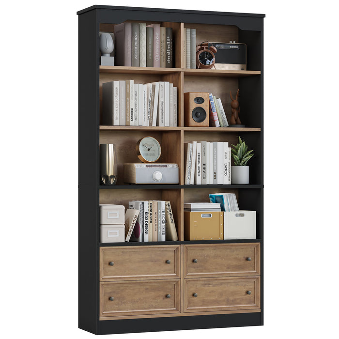 Homfa Double Row 6 Tier Bookcases, 71 in Tall Bookcase Bookshelf with 4 Drawers and 8 Display Cubicles, for Home Office Living Room, Natural Oak