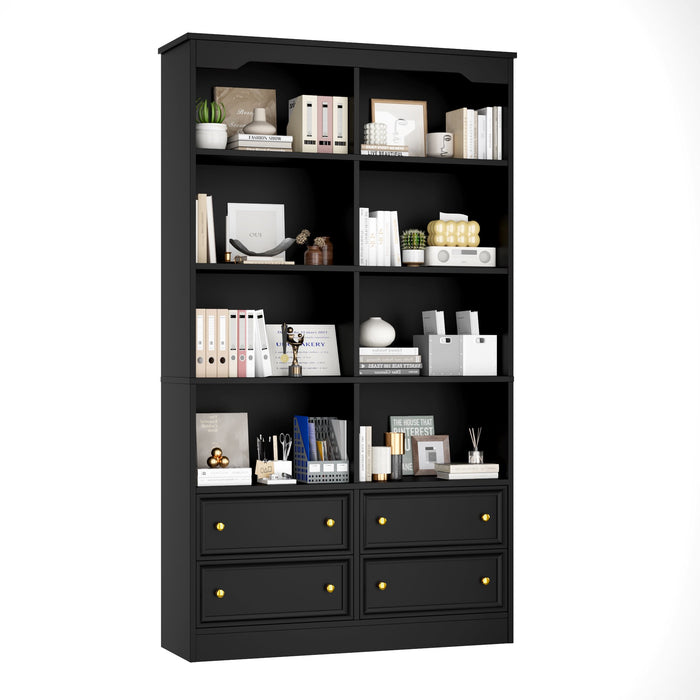 Homfa Double Row 6 Tier Bookcases, 71 in Tall Bookcase Bookshelf with 4 Drawers and 8 Display Cubicles, for Home Office Living Room, Black
