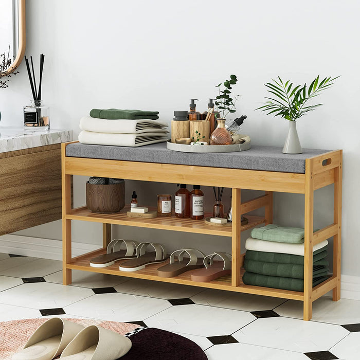Homfa Entryway Shoe Bench, 2 Tier Bamboo Shoe Storage with Padded Seat