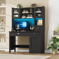 Homfa Executive Desk with Hutch & Power Outlets & LED Lights, Wood Writing Study Table, Home Office Computer Desk with Adjustable Shelves and Drawers, Black