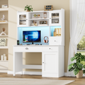 Homfa Executive Desk with Hutch & Power Outlets & LED Lights, Wood Writing Study Table, Home Office Computer Desk with Adjustable Shelves and Drawers, White