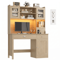 Homfa Executive Desk with Hutch & Power Outlets & LED Lights, Wood Writing Study Table, Home Office Computer Desk with Adjustable Shelves and Drawers, Oak