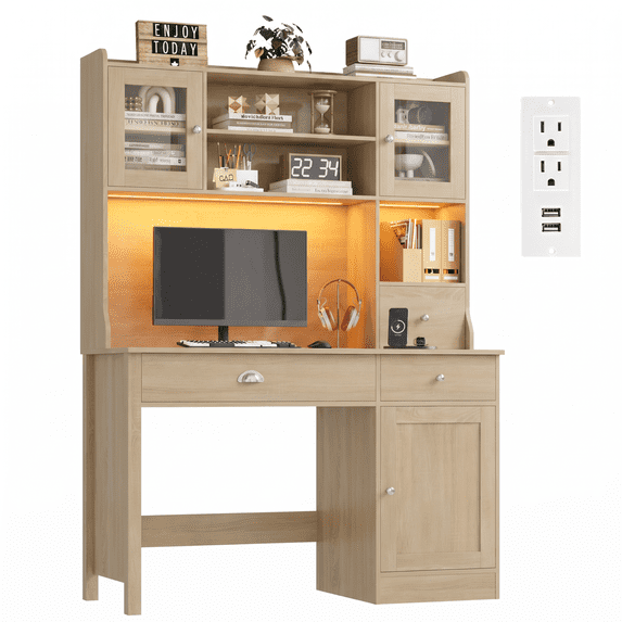 Homfa Executive Desk with Hutch & Power Outlets & LED Lights, Wood Writing Study Table, Home Office Computer Desk with Adjustable Shelves and Drawers, Oak