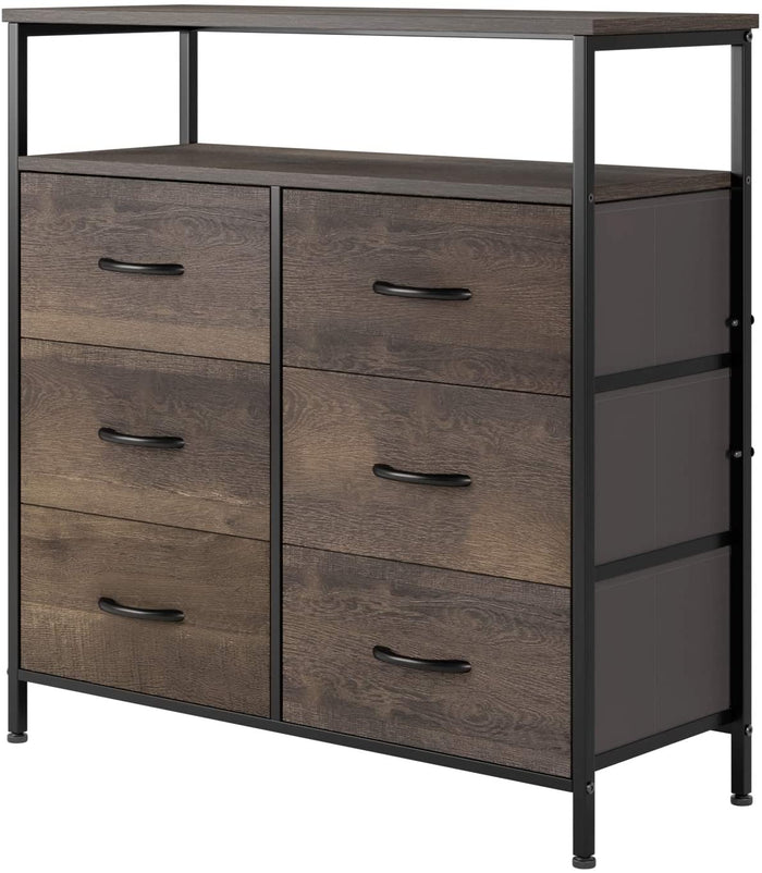 Homfa Fabric Dresser Chest with 6 Drawers, Wide Chest of Drawers with 2 Tier Wood Shelves, Sturdy Metal Frame, Tall Nightstand Functional Organizer Unit for Closets, Bedroom, Hallway, Dark Brown