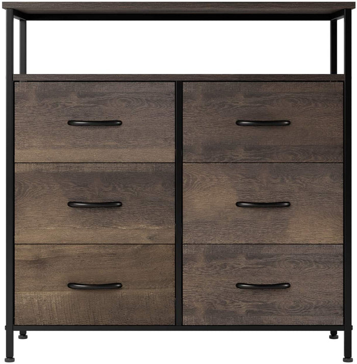 Homfa Fabric Dresser Chest with 6 Drawers, Wide Chest of Drawers with 2 Tier Wood Shelves, Sturdy Metal Frame, Tall Nightstand Functional Organizer Unit for Closets, Bedroom, Hallway, Dark Brown