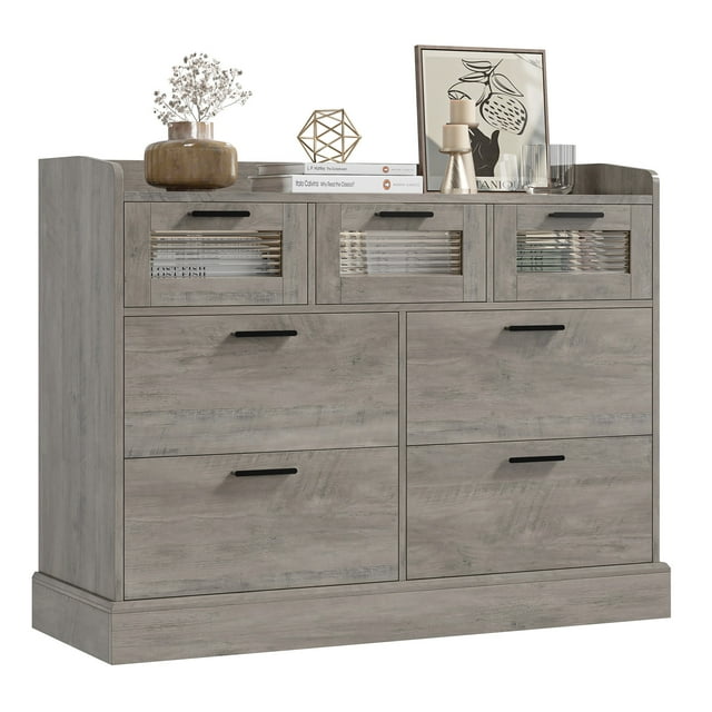 Homfa Farmhouse 7 Drawer Dresser for Bedroom, Glass Panel Wood Storage Cabinet with Easy Pull Out Handles for Living Room??¡ìo? Gray