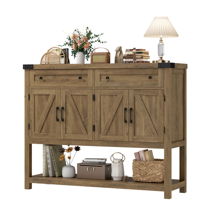 Homfa Farmhouse Console Table with 2 Drawer for Entrance Hall, 4 Door Wood Foyer Table Coffee Bar, Rustic Brown